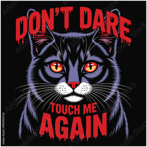 Black cat with red eyes and dripping text warning animal