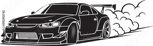 Black sports car in motion fast.