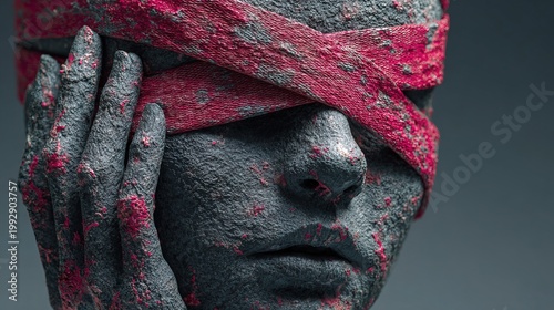 Conceptual Artistic Face Statue Blindfolded with Red Bandage Decoration Object