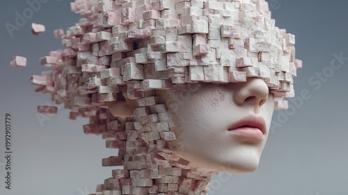 Surreal Pixelated Woman Close Up Face Art Digital Representation