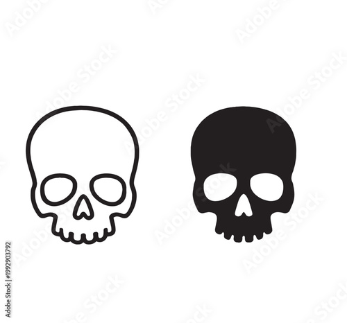 Minimalist human skull vector icons, black outline and solid silhouette cranium set, anatomical head bone symbols for Halloween and gothic design