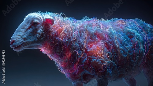 Futuristic Abstract Sheep with Glowing Lines, Animal Illustration, Modern Art