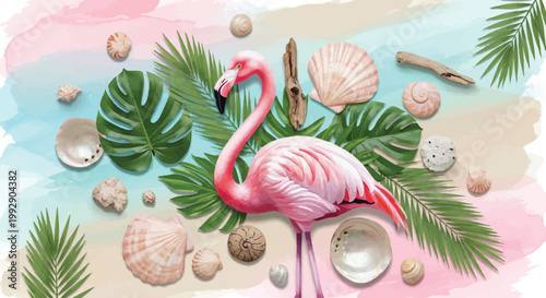 Vibrant pink flamingo surrounded by tropical leaves and seashells on colorful background
