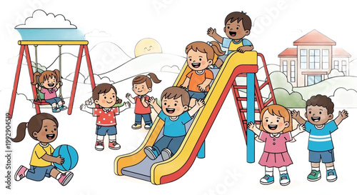 Colorful playground, kids playing, children on slide, swings and park fun, vector illustration