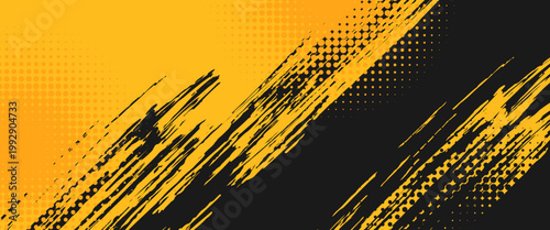 Black and yellow abstract background with brushstroke and halftone style.