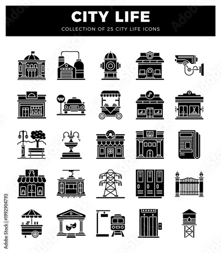 City Life Icons Collection Featuring Buildings. Vehicles and Public Services