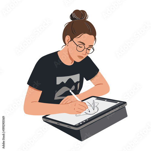 Woman creates illustrations on a digital drawing tablet with a stylus.