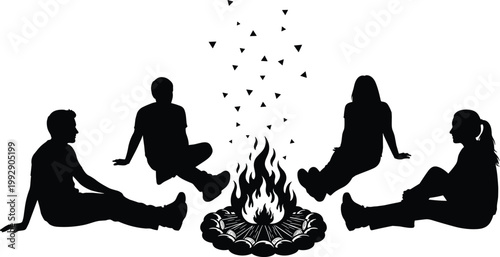 Group of friends sitting around campfire silhouette illustration with outdoor night camping scene for adventure lifestyle vector design