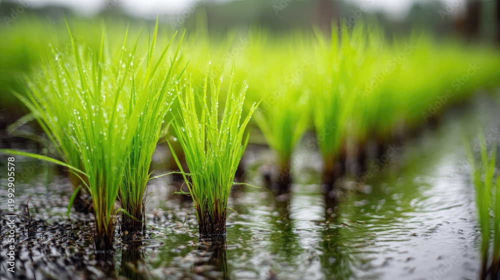 Obraz premium Fresh Green Rice Plants with Water Drops in a Paddy Field During Rainy Season Showcasing Nature's Beauty and Agriculture Life Cycle in a Rural Setting