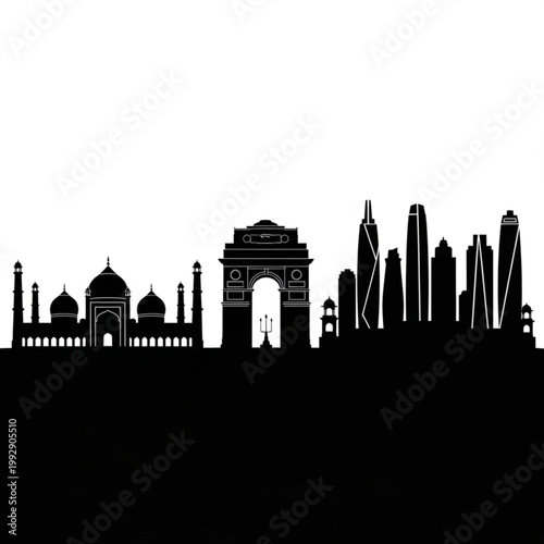 A black silhouette vector graphic of the New Delhi skyline, featuring iconic landmarks like the Taj Mahal and India Gate
