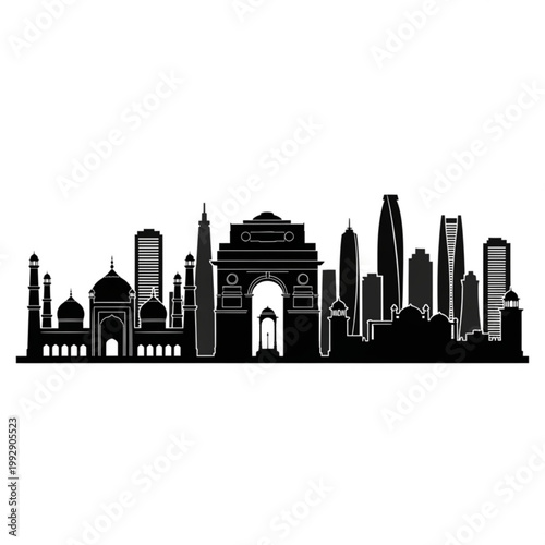 A black and white vector graphic illustration of the New Delhi city skyline, featuring iconic landmarks like the India Gate and modern skyscrapers.
