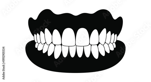Black and white illustration of a full set of human teeth and gums