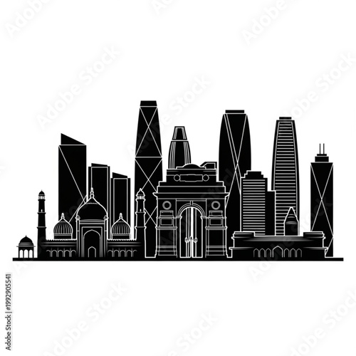 A black and white vector graphic illustration of the New Delhi city skyline, featuring a mix of modern skyscrapers and historic landmarks like the India Gate and Qutub Minar.