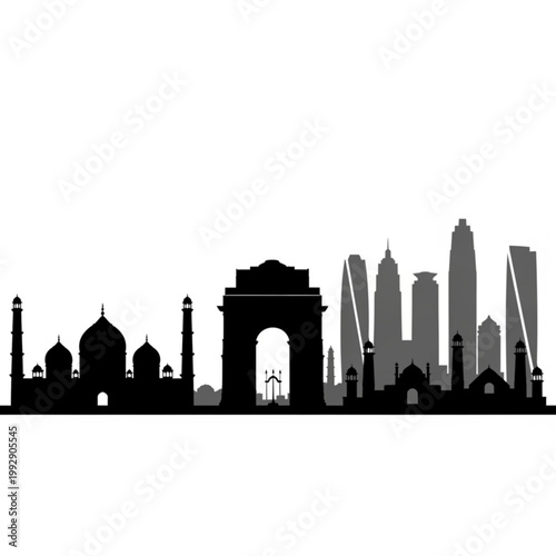 A black and gray silhouette of the New Delhi skyline with modern skyscrapers and historic landmarks like the Gateway of India and Jama Masjid