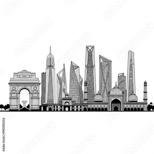 A black and white vector illustration of the New Delhi city skyline, featuring iconic landmarks and modern skyscrapers