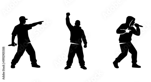 Hip hop rapper silhouettes set, urban street performers with microphones vector, male singer and mc artist character collection isolated on white