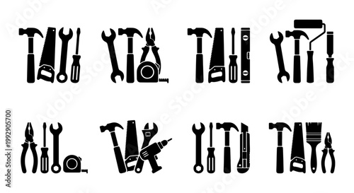 Black construction tool icons set, professional carpentry and home repair equipment silhouettes, industrial hardware vector collection for DIY projects