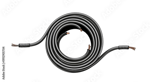Black electrical cable coiled and isolated on a white background, revealing exposed copper conductors for electronics and power connections.