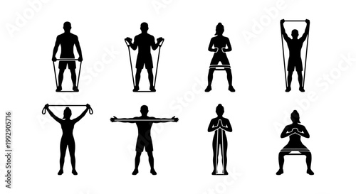 Resistance band exercise silhouettes, 8 fitness workout icons for strength training, athletic people using elastic bands for home gym routines