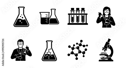 Science laboratory icon set, 8 black chemistry vector symbols, professional scientist with microscope and test tubes, medical research equipment