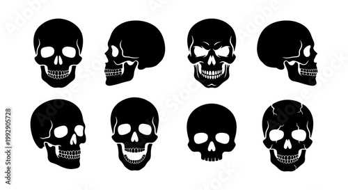 Human skull silhouette icons set, black anatomical head vector collection, 8 gothic cranium illustrations for Halloween and medical design