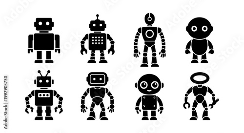 Minimalist robot icons set, black silhouette android characters, collection of 8 futuristic cyborg vector illustrations for technology interface design