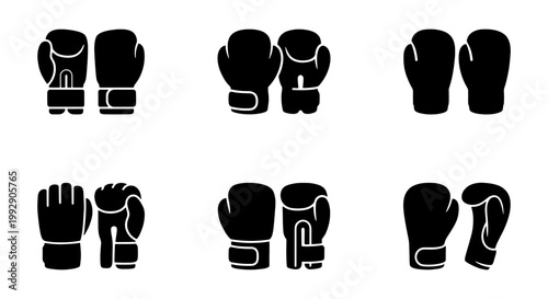 Boxing gloves icon set, black silhouette combat sports equipment, 6 pairs of martial arts and mma training gear, vector illustration for gym branding