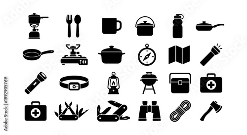 Camping equipment icon set, 24 black silhouette outdoor survival vector elements, hiking gear and wilderness adventure tools for tourism design