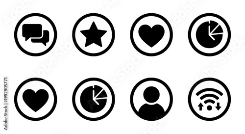 Minimalist black social media icons set, 8 circular vector web interface symbols, flat UI design elements for mobile apps and websites