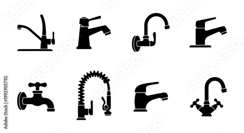 Black faucet icon set with 8 vector silhouettes, modern kitchen and bathroom water tap collection, plumbing hardware and sink mixer symbols