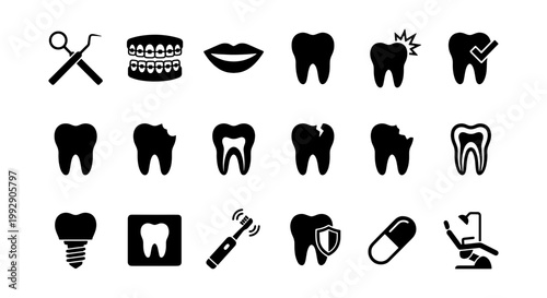Dental care icon set, 18 black solid dentistry vector symbols, stomatology and oral hygiene collection, tooth health and orthodontic equipment icons