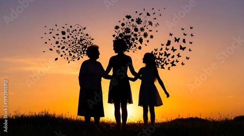 Three generations of femininity: A beautiful hand-drawn illustration of a grandmother, mother, and daughter surrounded by spring flowers and butterflies. Mother's day greetings card.
