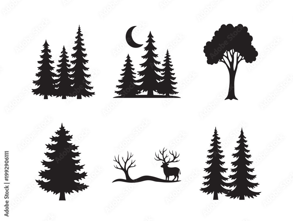 Obraz premium minimalist night forest wildlife and moon vector illustration