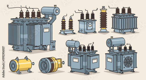 Set of various electrical power transformers and components for energy distribution. High voltage equipment illustration.
