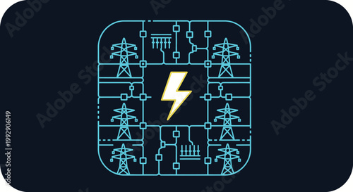Modern electrical power grid network with transmission lines and lightning bolt icon, representing energy distribution and supply concept.