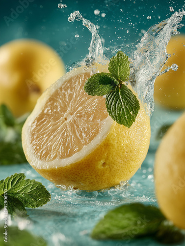 Fresh lemon mint water splash macro