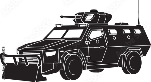 Black armored military vehicle with turret.