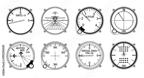 Aircraft instrument line icons for flight navigation and control
