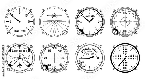 Aircraft instrument line icons for flight navigation and control
