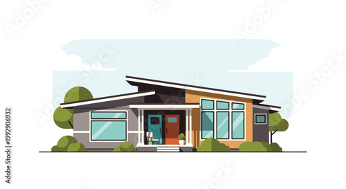 Modern Mid-Century Style Residential House Illustration with Flat Vector Design, Large Windows, and Minimalist Landscaping