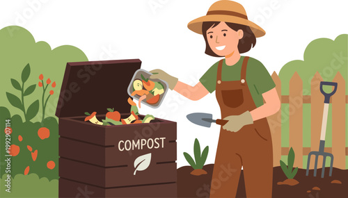 Woman adding food scraps to a backyard compost bin with gardening tools nearby.