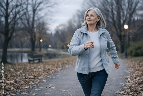 Mature woman enjoying a brisk walk in the park on a crisp autumn day