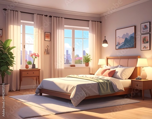 A serene bedroom with a large bed and city view