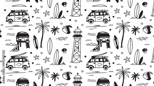A Whimsical Retro Summer Pattern Featuring Surfboards, Vans, Palm Trees, and Lighthouses in a Playful Doodle Style