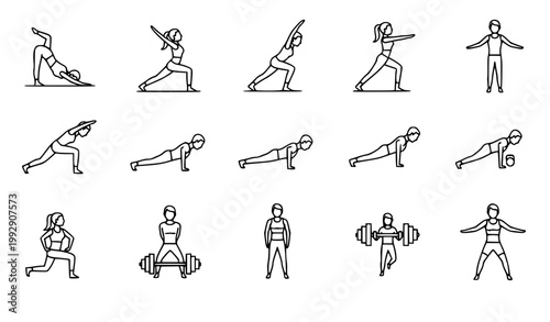 Fitness and workout line icons set yoga gym exercises outline vector collection