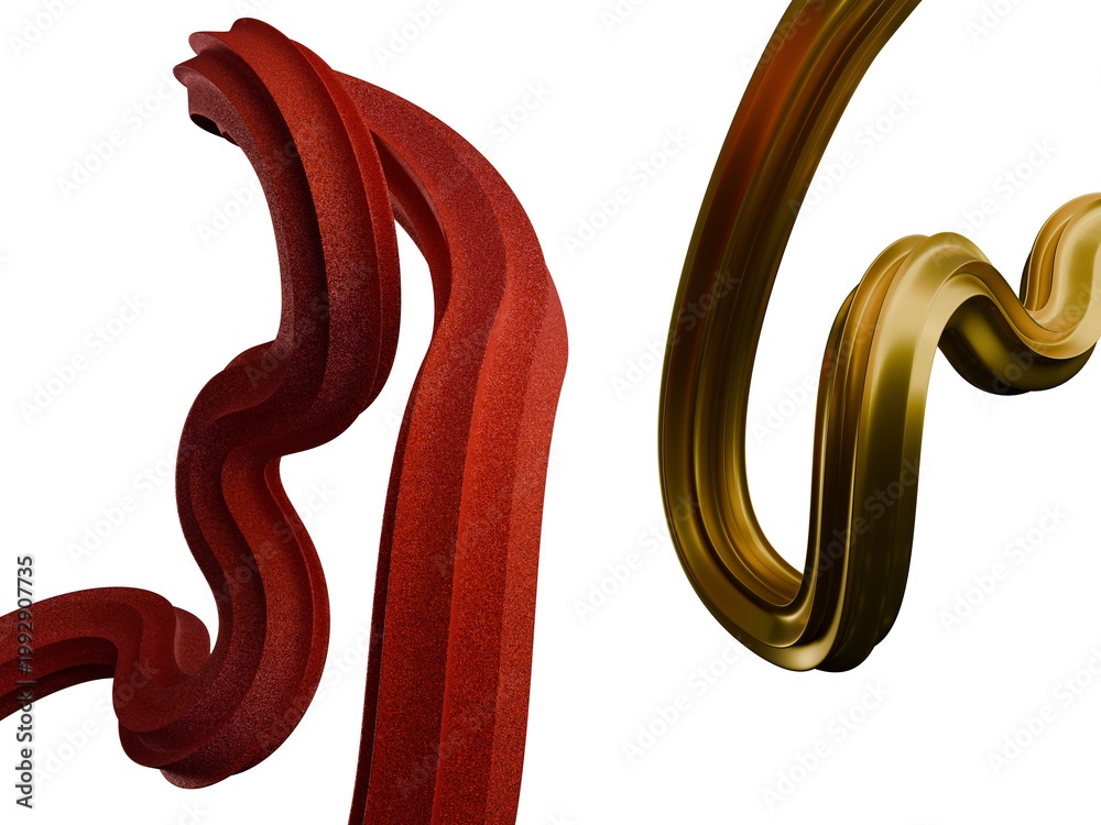Fototapeta premium Abstract 3D red granular and golden glossy wavy shapes on black 3d render