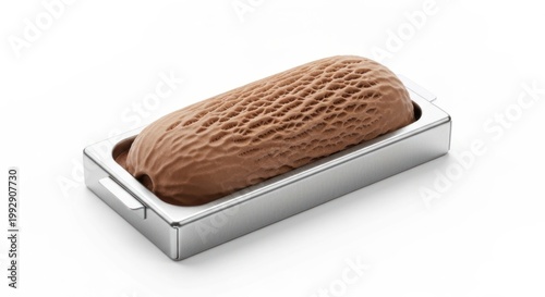 Chocolate ice cream bar in a metal tray against a plain white background