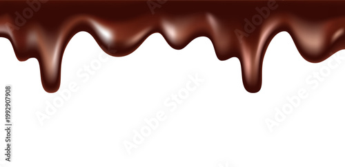 Realistic Glossy Melted Chocolate Dripping Downward with Smooth Flowing Liquid Texture, Rich Highlights, and Decadent Reflective Surface on Clean White Background