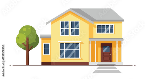 Modern Two-Story Yellow Suburban House Vector Illustration with Green Tree and Gray Roof Isolated on White Background