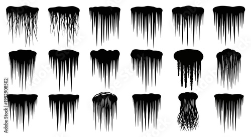 Collection of diverse icicle silhouettes isolated on white background representing winter cold frozen water and seasonal elements for graphic design and winter themes